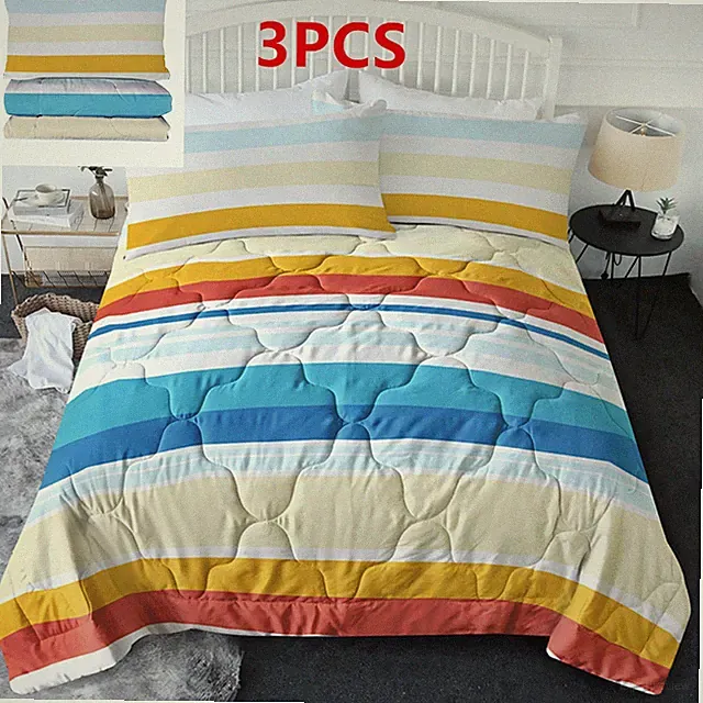 3PCS Duvet Cover Set Colorful Horizontal Stripes Soft Bedding Set Home Bedroom