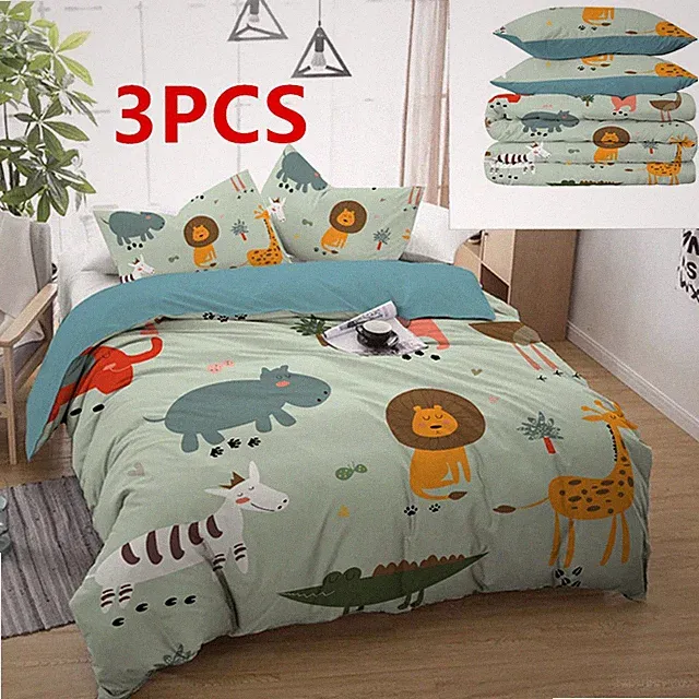 3PCS Green Different Animals Duvet Cover Set Soft Bedding Set With 2 Pillowcases