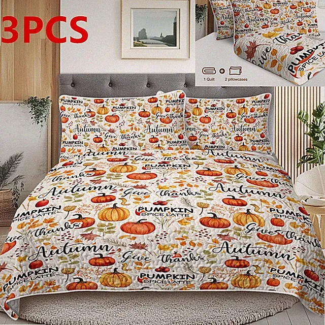3PCS Quilt Sets Pumpkin Autumn Leaves Coverlet Bedspreads Bedding Set All Season