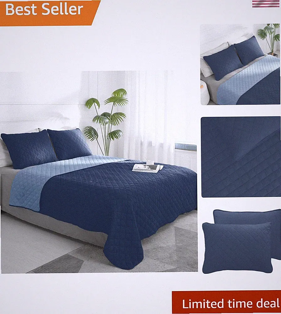 Classic Dark Blue/Light Blue Reversible Quilt Set - Soft & Stain Resistant