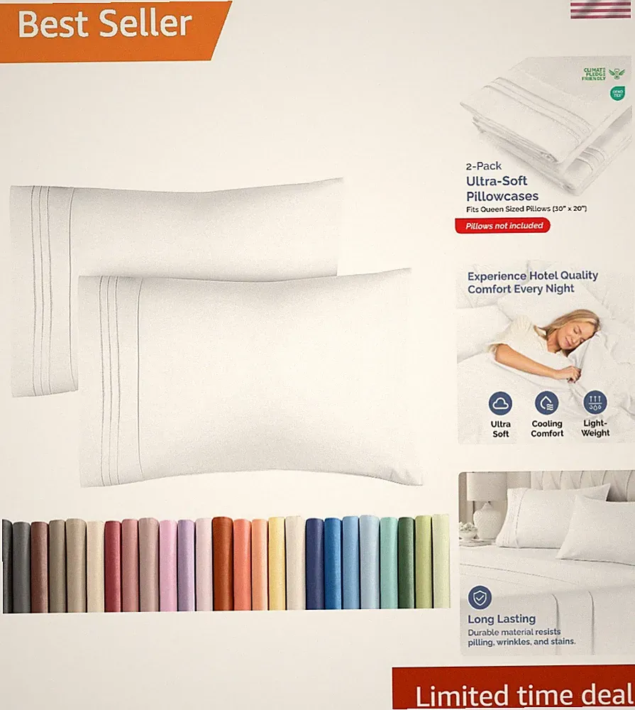 Cozy Queen Pillowcases Set of 2 - Stain & Fade Resistant, Machine Washable