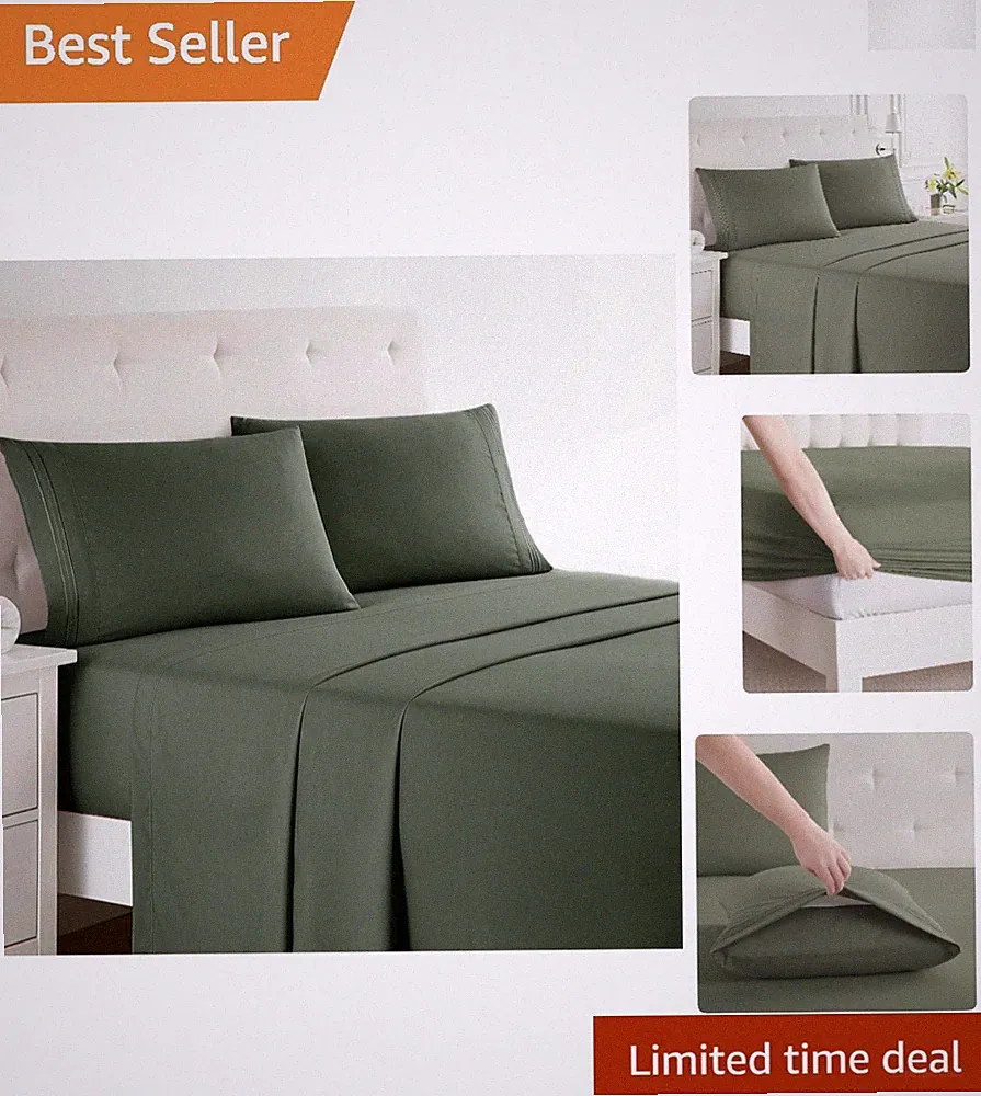 Deep Pocket Olive Green Queen Bed Sheets - Wrinkle & Stain Resistant Set