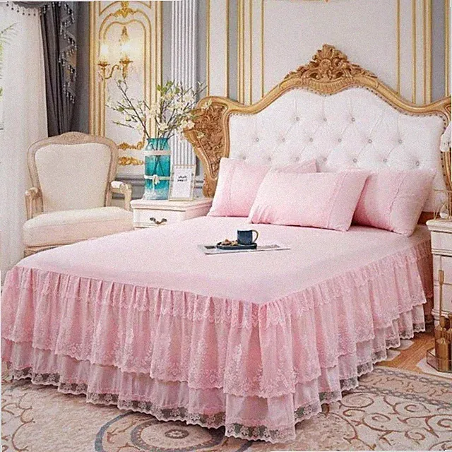 Double Lace Bed Skirt for Queen Bed - 17in. Drop, Easy Fit Ruffle Bedskirt Wr...
