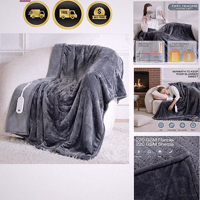 Heated Blanket Throw Electric Sherpa Flannel 8 Heat Levels Auto Shut-off 50x60
