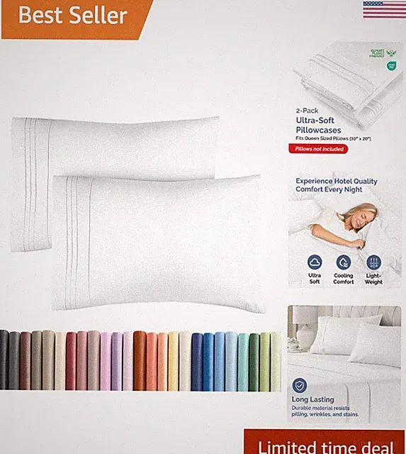 Hotel Quality Queen Pillowcases - 2-Pack Ultra Soft, Stain Resistant White