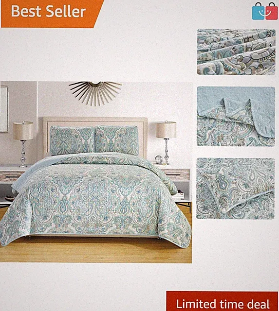 Oversized California King 3-Piece Bedspread Set - Reversible Paisley Design