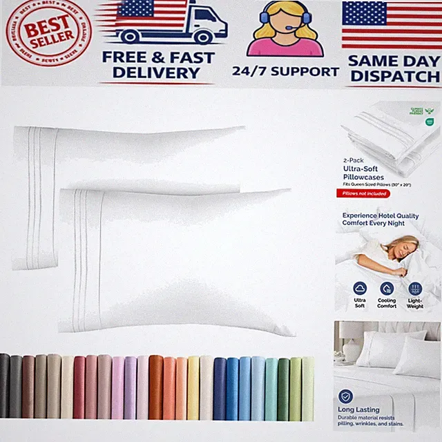 Queen Pillow Cases - Set of 2, Stain & Fade Resistant for Lasting Luxury