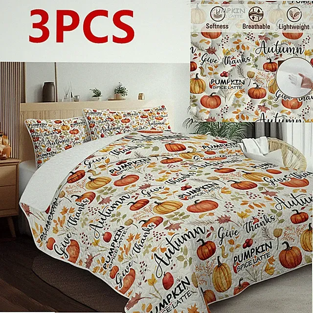 Soft Quilt Set 3PCS Bedspread Pumpkin Autumn Leaves Coverlet Bedding Set Bedroom