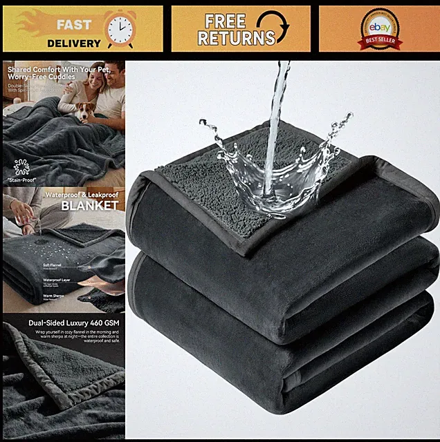 Waterproof Bed Blanket - Stain Resistant, Soft Flannel, Machine Washable, 80"x90