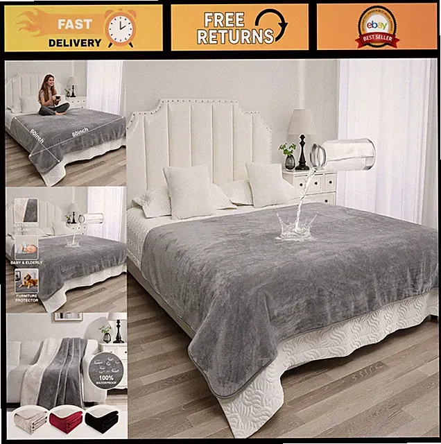 Waterproof Reversible Sherpa Blanket - 80x60 Stain Resistant Throw for Couch & P